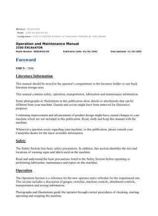 Caterpillar CAT 235D EXCAVATOR (8TJ00001-UP) Operation and Maintenance Manual Instant Download