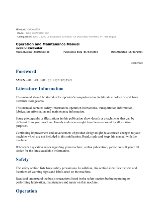 Caterpillar CAT 320C EXCAVATOR (CLM00001-UP) Operation and Maintenance Manual Instant Download