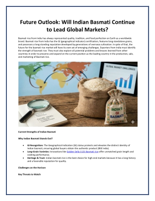 Future Outlook: Will Indian Basmati Continue to Lead Global Markets?