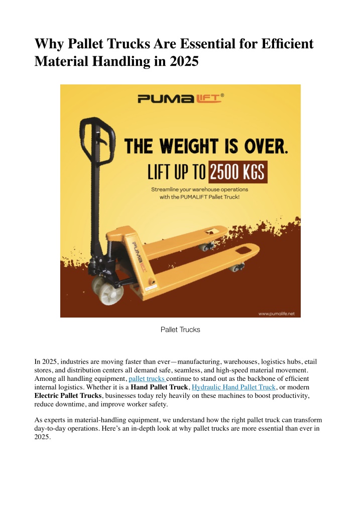 PPT - Why Pallet Trucks Are Essential for Efficient Material Handling ...