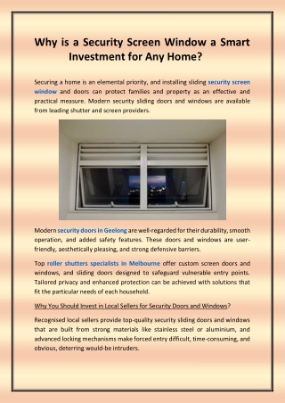 Why is a Security Screen Window a Smart Investment for Any Home?