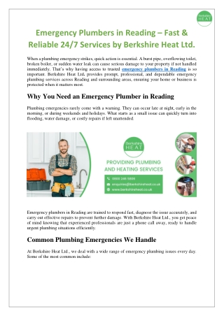 Emergency Plumbers in Reading – Fast & Reliable 24/7 Services