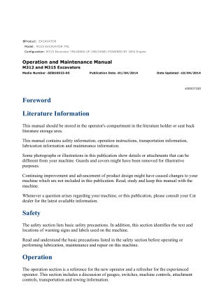 Caterpillar CAT M315 EXCAVATOR (7ML00860-UP) Operation and Maintenance Manual Instant Download