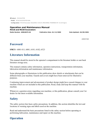 Caterpillar CAT M318 EXCAVATOR (8AL00001-01019) Operation and Maintenance Manual Instant Download