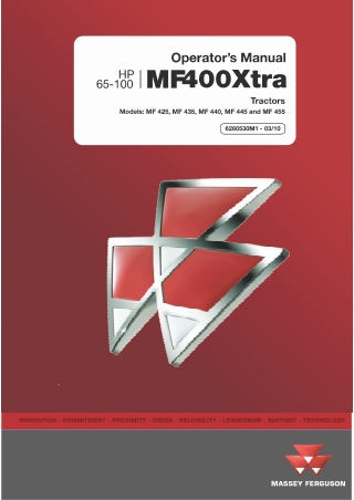 Massey Ferguson 65-100HP MF400Xtra Series (MF425  MF435  MF440  MF445  MF455) Tractor Operator Manual Instant Download (