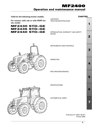 Massey Ferguson MF2430  MF2435  MF2440 STD-GE Tractor Operator Manual Instant Download (Part No. 3676146M1)