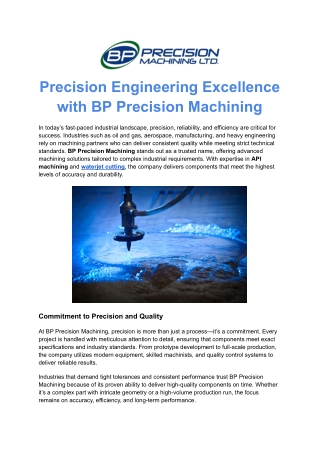Precision Engineering Excellence with BP Precision Machining