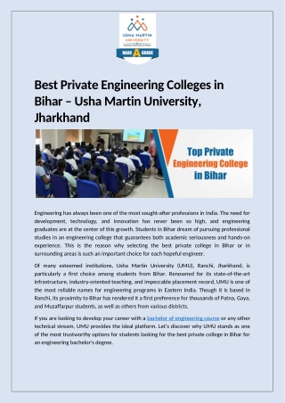 Best Private Engineering Colleges in Bihar – Usha Martin University, Jharkhand
