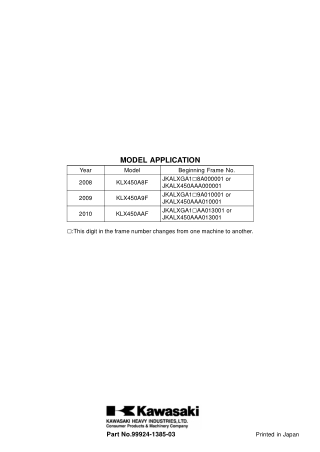 2008 2009 2010 Kawasaki KLX450R Service Repair Manual Instant Download (Part No.99924-1385-03)