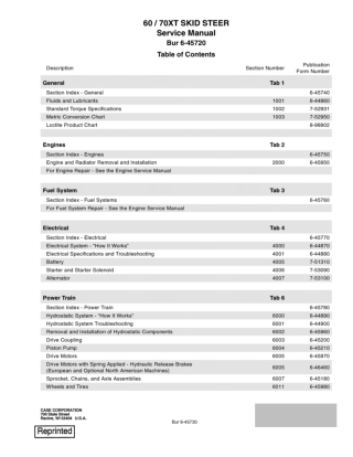 CASE 60 70XT Skid Steer Service Repair Manual Instant Download (Part Number 6-45720)