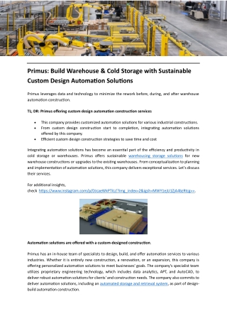 Primus Build Warehouse & Cold Storage with Sustainable Custom Design Automation Solutions