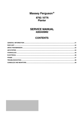 Massey Ferguson 8792 8776 Planter Service Repair Manual Instant Download (Part No. 4283409M2)