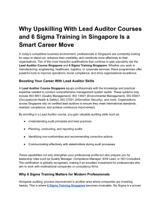 Lead Auditor Course Singapore & 6 Sigma Training Singapore