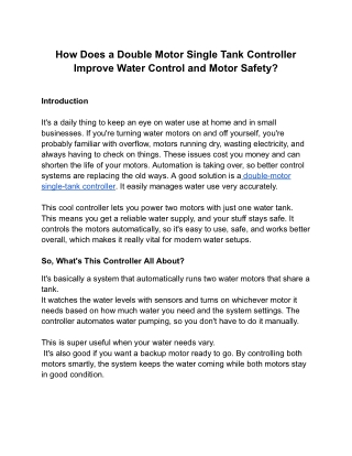 How Does a Double Motor Single Tank Controller Improve Water Control and Motor Safety