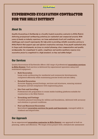 Experienced Excavation Contractor for the Hills District