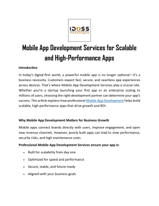 Mobile App Development Services for Scalable and High-Performance Apps