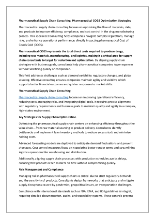Pharmaceutical Supply Chain Consulting, Pharmaceutical COGS Optimization Strategies