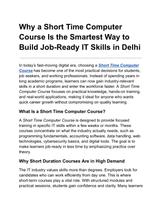Why Short Time Computer Courses Are Best for Job-Ready IT Skills in Delhi