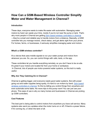 How Can a GSM-Based Wireless Controller Simplify Motor and Water Management in Chennai
