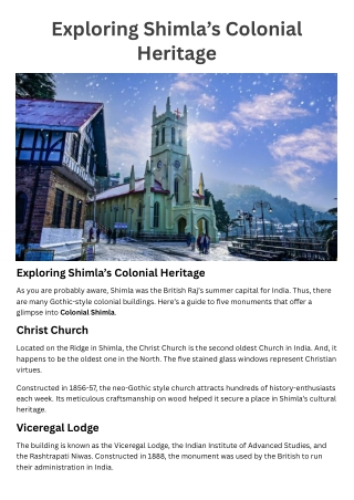 Shimla’s Colonial Heritage – A Complete Travel Guide