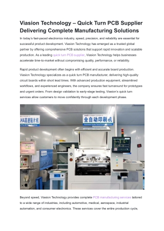 Viasion Technology – Quick Turn PCB Supplier Delivering Complete Manufacturing Solutions