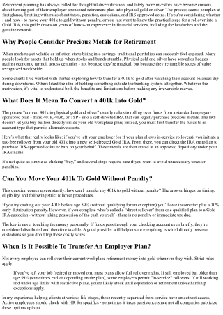 FAQs On Converting An Employer Retirement Plan To Physical Metal Holdings
