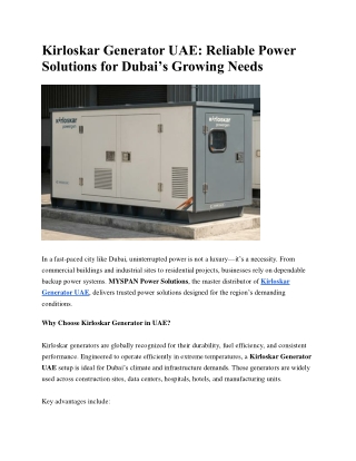 Kirloskar Generator UAE: Reliable Power Solutions for Dubai’s Growing Needs