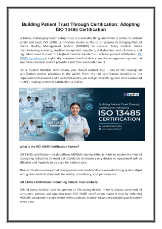 Building Patient Trust Through Certification- Adopting ISO 13485 Certification