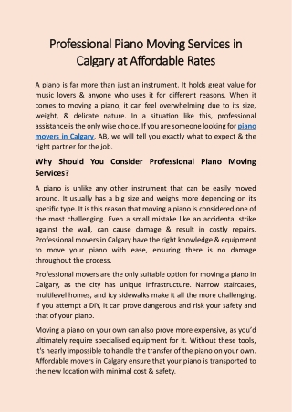 Professional Piano Moving Services in Calgary at Affordable Rates