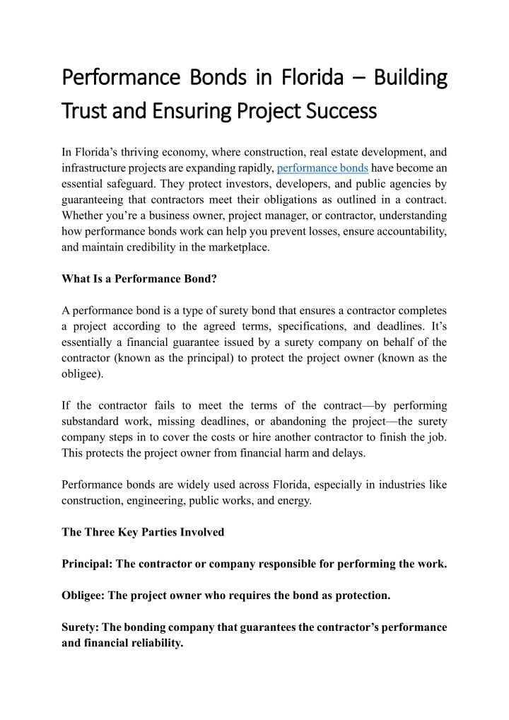 Sample Developer Performance Bond PPT - Performance Bonds in Florida – Building Trust and Ensuring ...