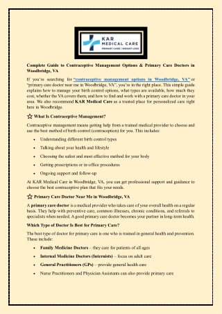 Complete Guide to Contraceptive Management Options & Primary Care Doctors in Woodbridge VA