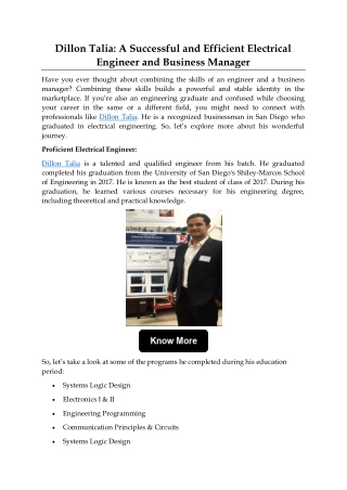 Dillon Talia A Successful and Efficient Electrical Engineer and Business Manager