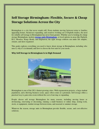 Self Storage Birmingham Flexible, Secure & Cheap Storage Solutions Across the Ci