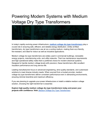 Powering Modern Systems with Medium Voltage Dry Type Transformers