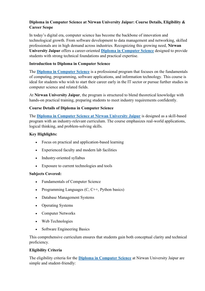 PPT - Diploma in Computer Science at Nirwan University Jaipur: Course ...