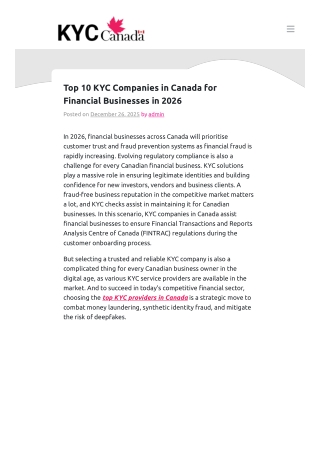 Top 10 KYC Companies in Canada for Financial Businesses 2026