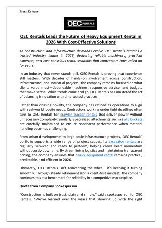 OEC Rentals Leads the Future of Heavy Equipment Rental in 2026 With Cost-Effective Solutions