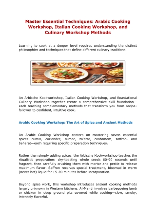 Master Essential Techniques Arabic Cooking Workshop, Italian Cooking Workshop, and Culinary Workshop Methods