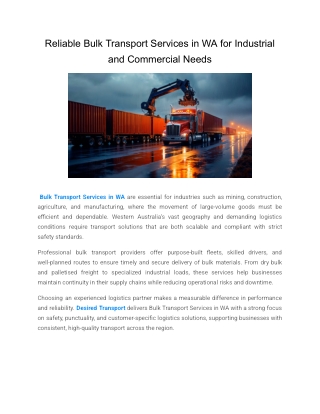 Reliable Bulk Transport Services in WA for Industrial and Commercial Needs