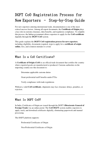 DGFT CoO Registration Process for New Exporters