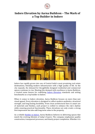 Indore Elevation by Aarna Buildcon – The Mark of a Top Builder in Indore