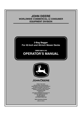 John Deere 2-Bag Bagger For 42-Inch and 48-Inch Mower Decks Operator’s Manual Instant Download (Publication No.OMM158914