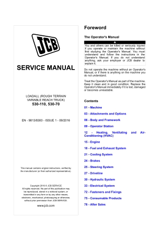 JCB 530-110, 530-70 Telescopic Handler Service Repair Manual Instant Download (From 1917406 To 1918306)