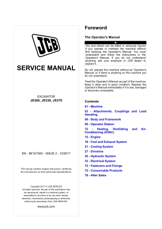 JCB JS300, JS330, JS370 Excavator Service Repair Manual Instant Download
