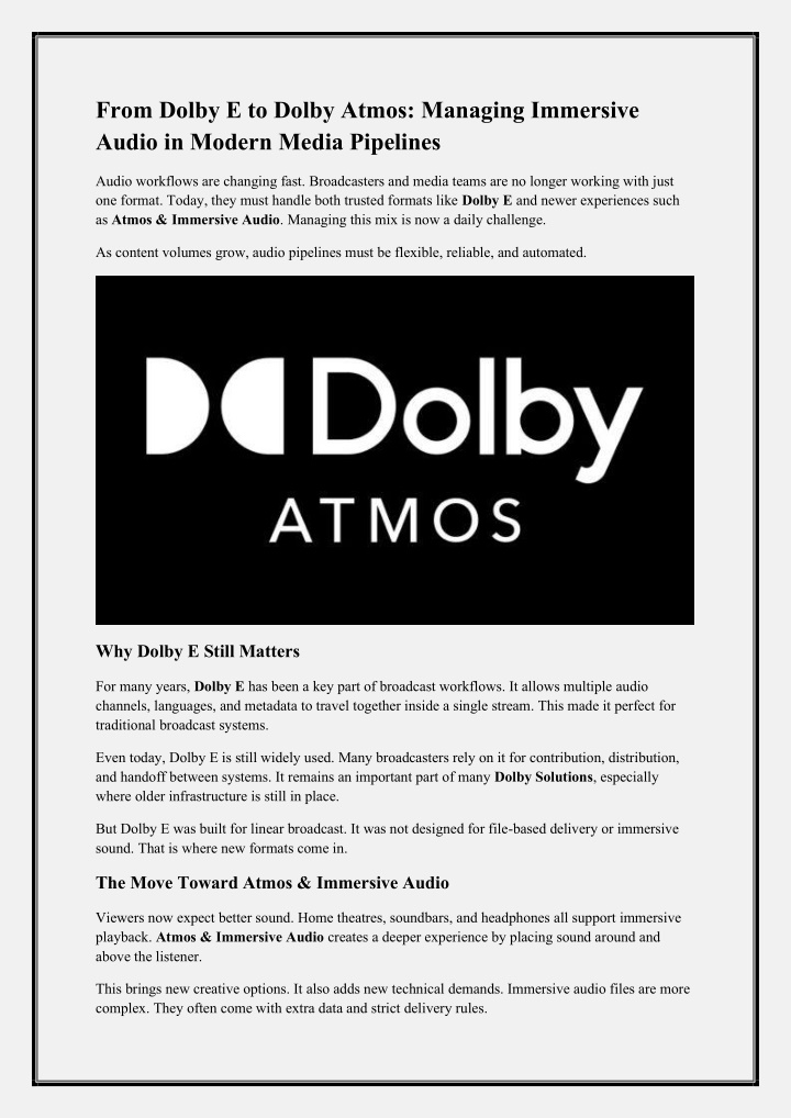 PPT - From Dolby E to Dolby Atmos Managing Immersive Audio in Modern ...