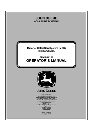 John Deere 580H and 580L Material Collection System (MCS) Operator’s Manual Instant Download (Publication No. OMM164021)