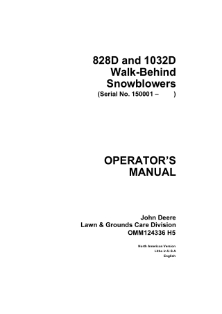 John Deere 828D and 1032D Walk-Behind Snowblowers Operator’s Manual Instant Download (pin.150001-) (Publication No.OMM12