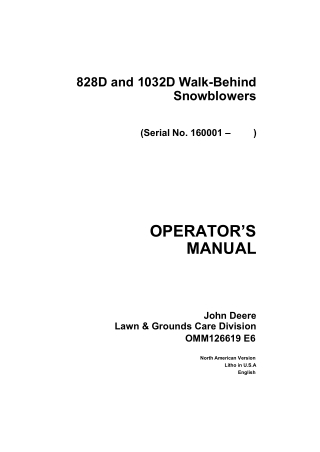 John Deere 828D and 1032D Walk-Behind Snowblowers Operator’s Manual Instant Download (pin.160001-) (Publication No.OMM12