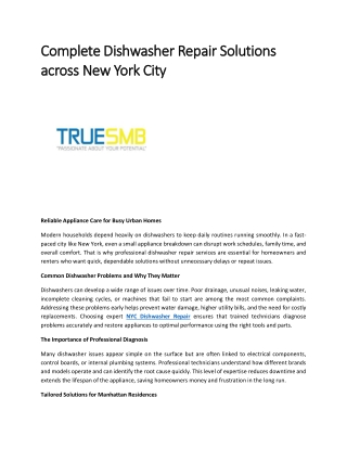Complete Dishwasher Repair Solutions across New York City