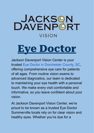 Eye Doctor in Dorchester County, SC: Comprehensive Vision Care You Can Trust